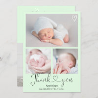 Mint thank you script heart 4 photos baby birth announcement