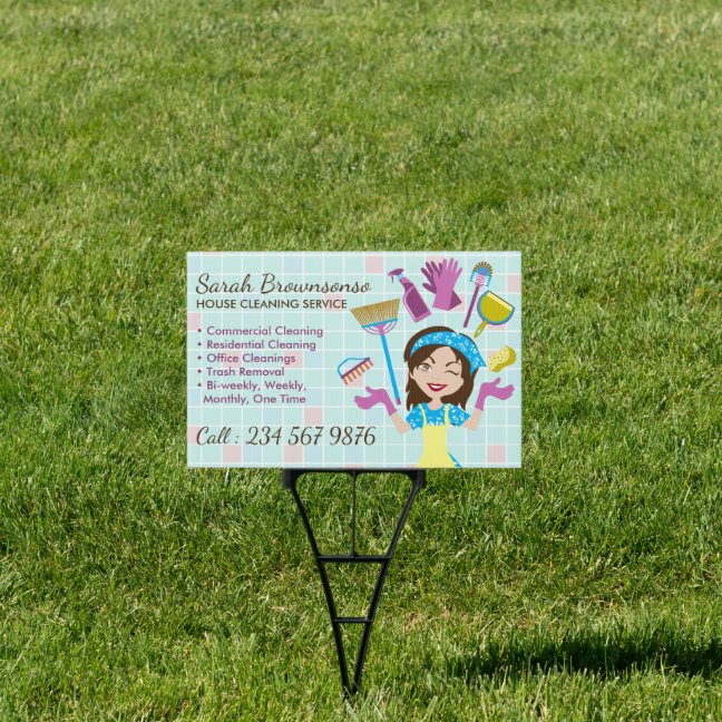 Mint Tile Winking Maid Lawn Advertising Cleaning Sign