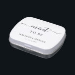 Mint to Be Black and White Simple Wedding Candy Tin<br><div class="desc">Simple wedding mint candy tin in black and white featuring the words "Mint to Be" with "Mint" in an elegant script with swashes.  Below are your names and wedding date.  These custom mint candy tins with a classic style make useful wedding favors,  great for a formal wedding.</div>