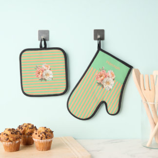 Mint Top with Orange Stripes Floral  Oven Mitt & Pot Holder Set
