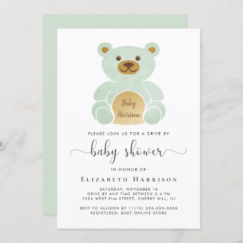 Mint Toy Bear Drive By Baby Shower  Invitation