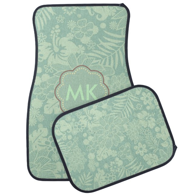 Mint Tropical Floral Monogram Car Mat (Set)