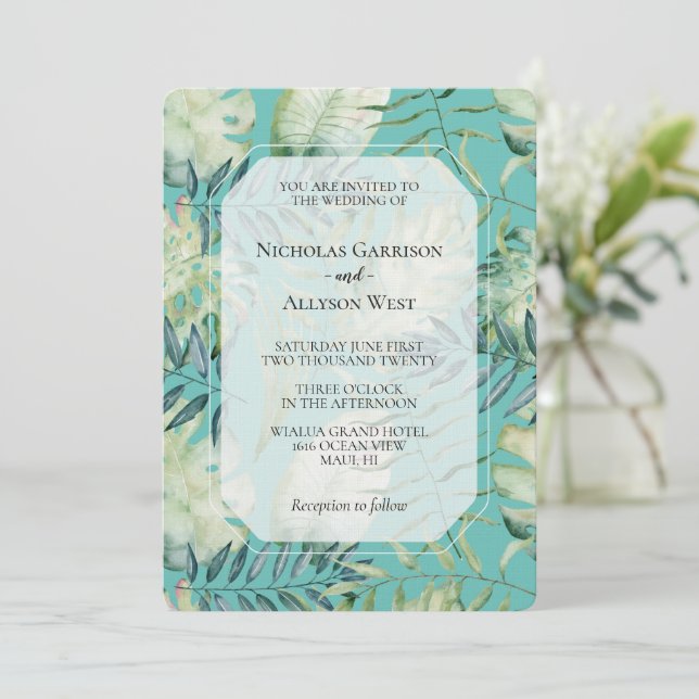 Mint Tropical Green Leaves Wedding Invitation (Standing Front)
