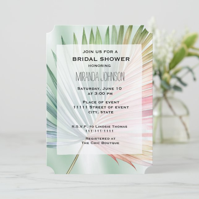 Mint Tropical Pink Green Leaf bridal shower Invitation (Standing Front)