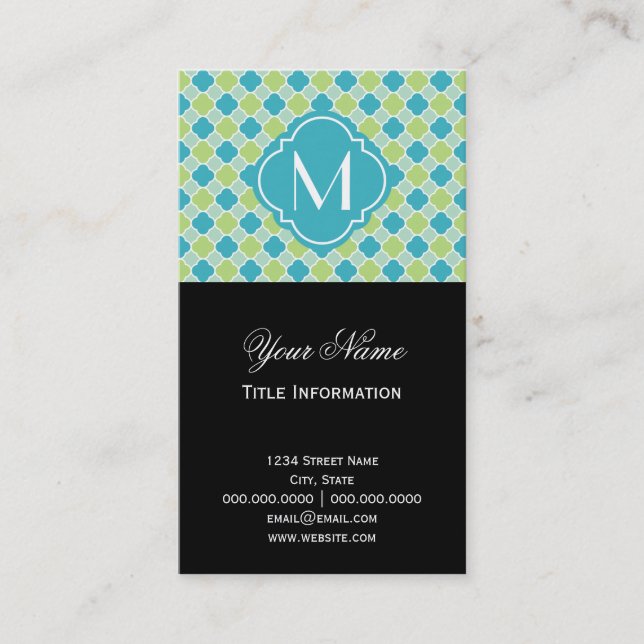 Mint Turquoise and Green Quatrefoil Pattern Business Card (Front)