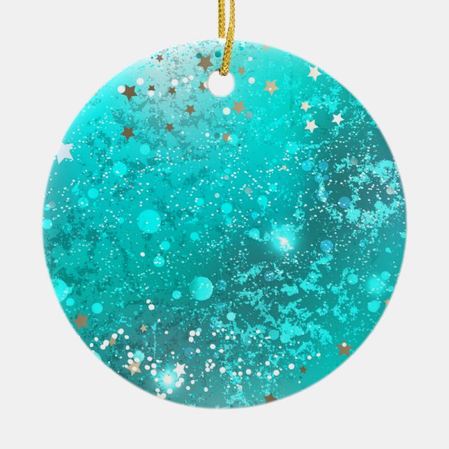 Mint Turquoise Foil Background Ceramic Ornament (Front)