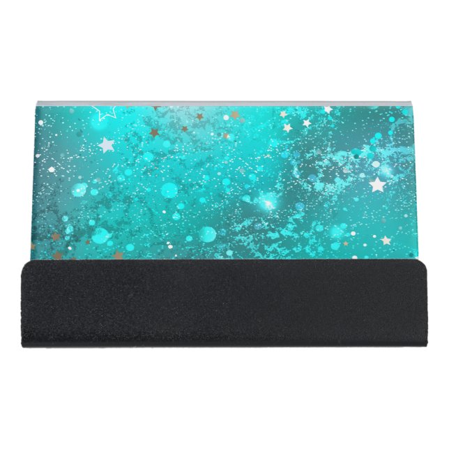Mint Turquoise Foil Background Desk Business Card Holder (Front)