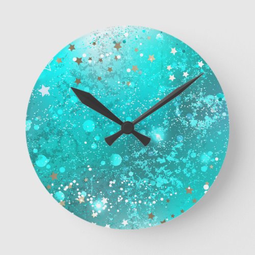 Mint Turquoise Foil Background Round Clock