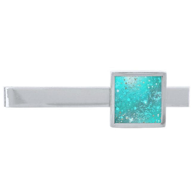 Mint Turquoise Foil Background Silver Finish Tie Bar (Front)