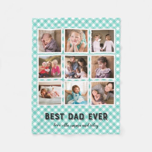 Mint Turquoise Gingham Best Dad Ever Photo Collage Fleece Blanket