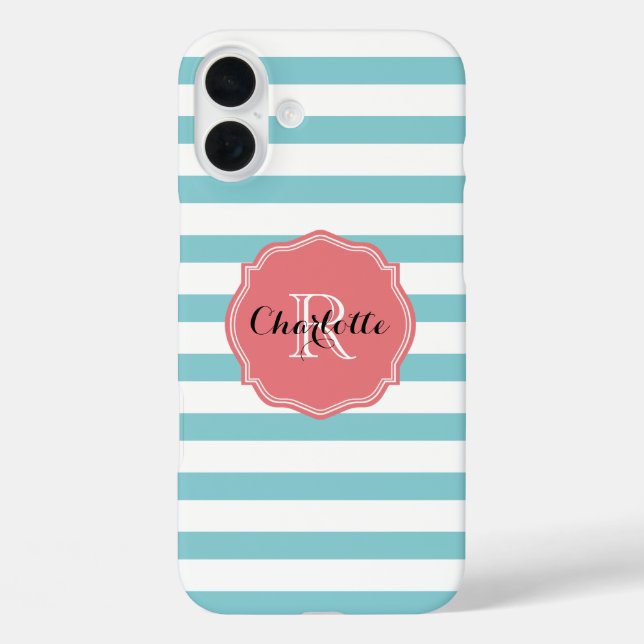  Mint Turquoise Stripes Monogram Case-Mate iPhone Case (Back)