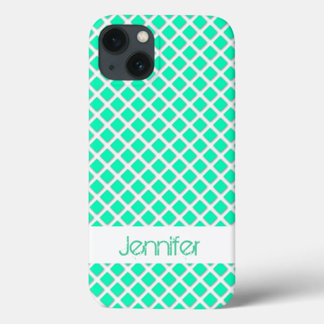 Mint Turquoise Tilted Squares Name Personalized Case-Mate iPhone Case (Back)