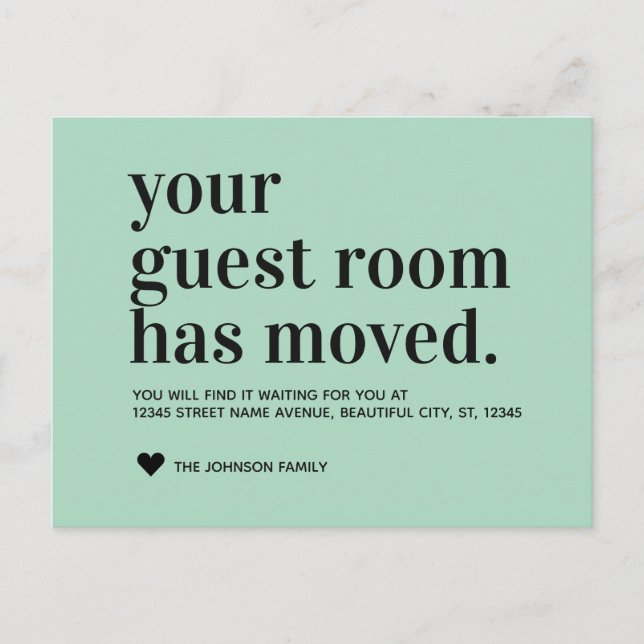 Mint Typography Guest Room Moving Announcement Postcard (Front)