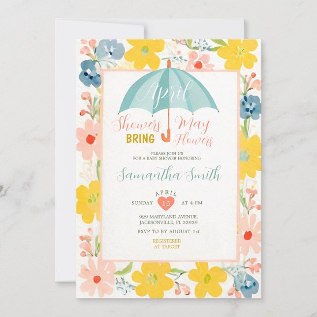 Mint Umbrella April Showers Baby Shower Floral Invitation (Front)