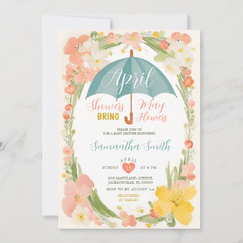 Mint Umbrella April Showers Baby Shower Floral Invitation