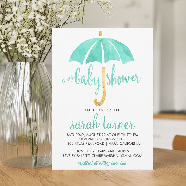 Mint Umbrella Neutral Baby Shower Invitation (Creator Uploaded)