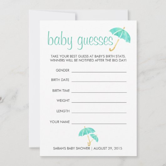 Mint Umbrellas Baby Shower Guessing Game (Front)