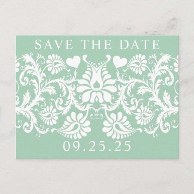 Mint Unique Damask Save the Date Announcement Postcard (Front)