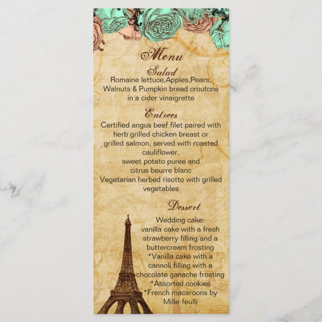 mint vintage eiffel tower Paris wedding menu cards (Front)