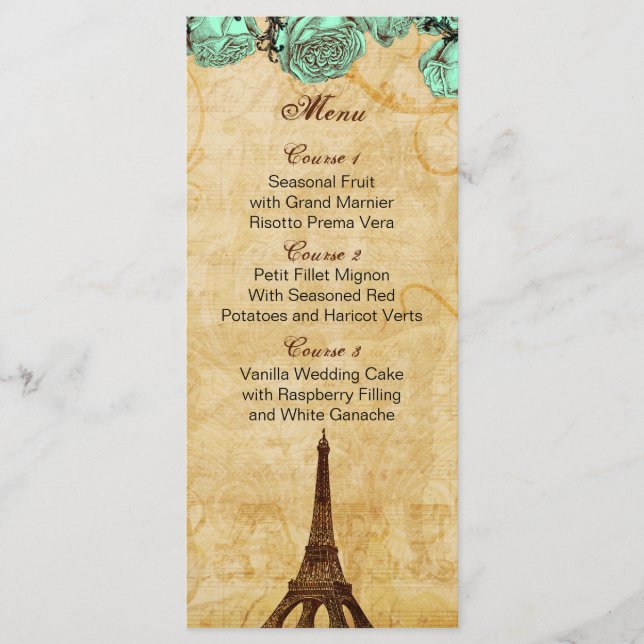mint vintage eiffel tower Paris wedding menu cards (Front)