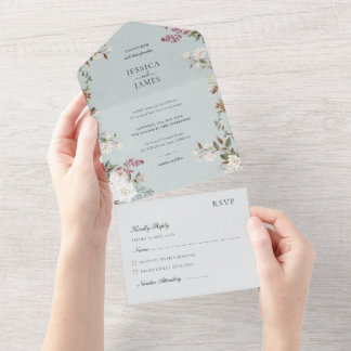Mint Vintage Floral Elegant Wedding All In One Invitation