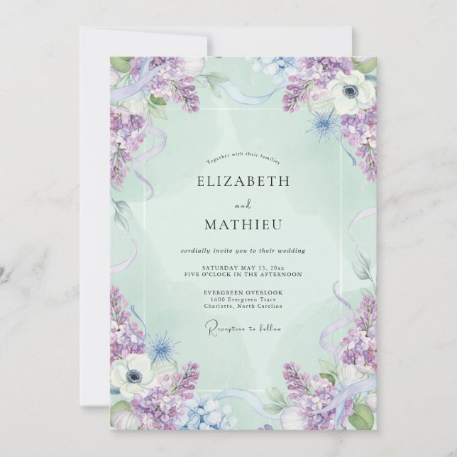 Mint Violet Wisteria Wedding Invitation (Front)