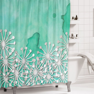 Mint Watercolor and White Flowers Shower Curtain