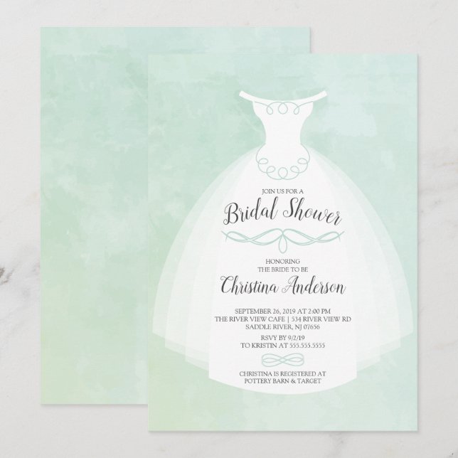 Mint Watercolor Bride Gown Bridal Shower Invitation (Front/Back)