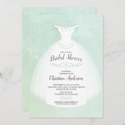 Mint Watercolor Bride Gown Bridal Shower Invitation