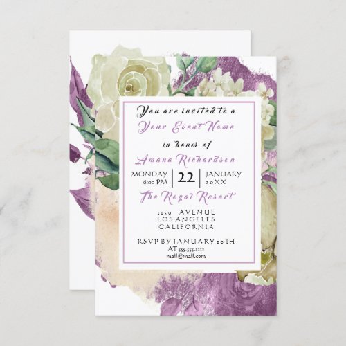 Mint Watercolor Creamy White Floral Rose Purple Invitation
