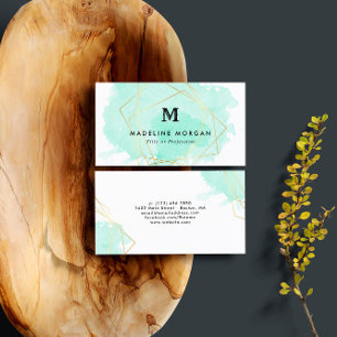 Mint Watercolor Faux Gold Geometric Monogram Business Card