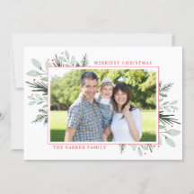 Mint watercolor floral christmas photo flat card