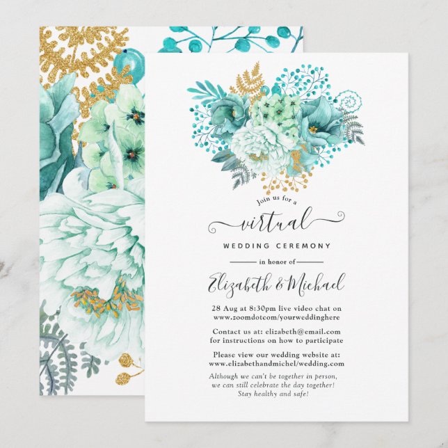 Mint Watercolor Floral Online Virtual Wedding Invitation (Front/Back)
