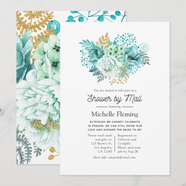 Mint Watercolor Floral Shower by Mail Invitation (Front/Back)