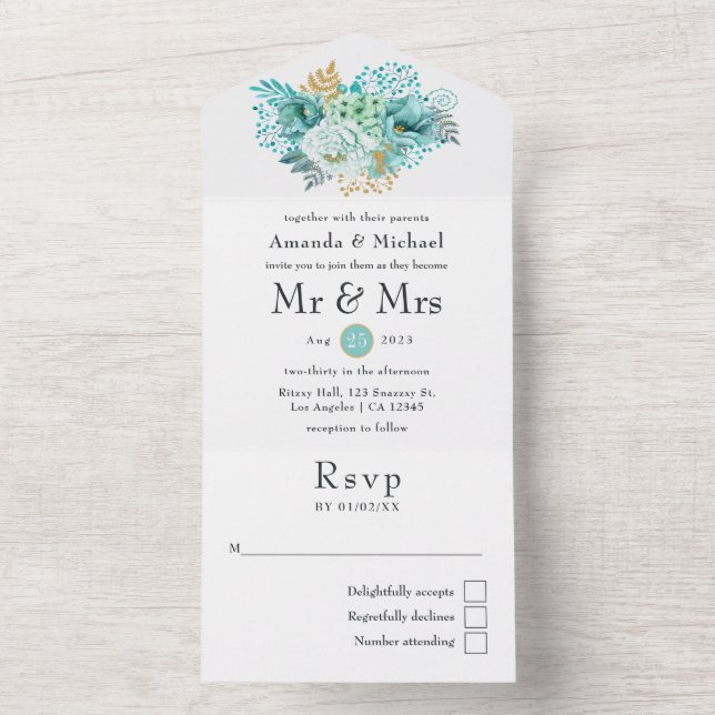 Mint Watercolor Floral Wedding All In One Invitation (Inside)