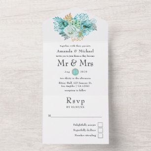 Mint Watercolor Floral Wedding All In One Invitation