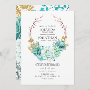 Mint Watercolor Floral Wedding Invitation