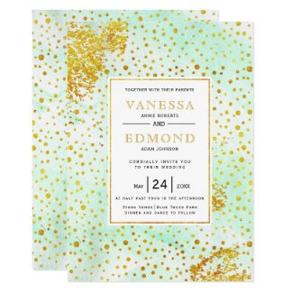 Mint watercolor, gold confetti and specks wedding invitation