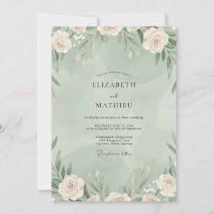 Mint Watercolor Leaf Wedding Invitation