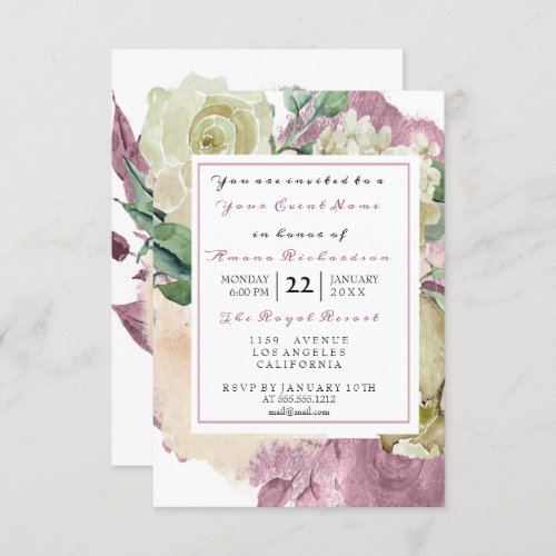 Mint Watercolor Marsala White Floral Rose Amethyst Invitation