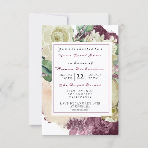 Mint Watercolor Marsala White Floral Rose Ivory Invitation