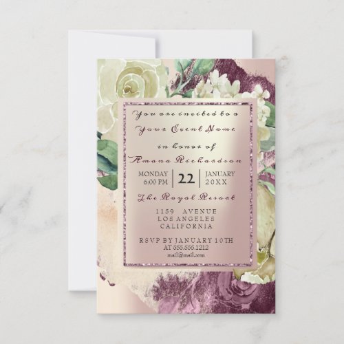 Mint Watercolor Marsala White Floral Rose Pearly Invitation