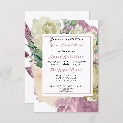 Mint Watercolor Marsala White Floral Rose Purple Invitation