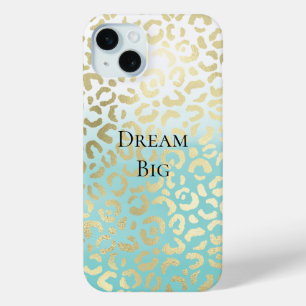 Mint Watercolor Ombre Glam Gold Leopard iPhone 15 Plus Case