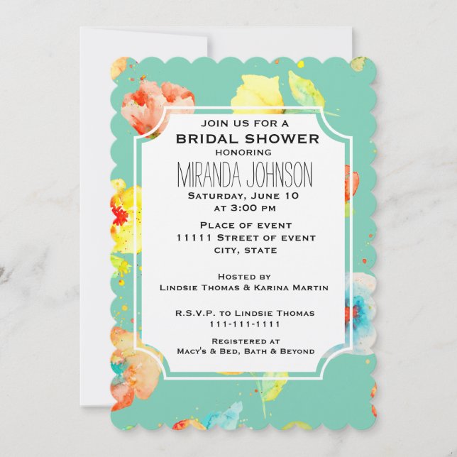 Mint Watercolor Poppies Bridal Shower Invitation (Front)