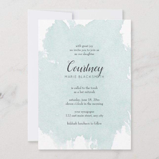 Mint Watercolor Splash Bat Mitzvah Invitations (Front)