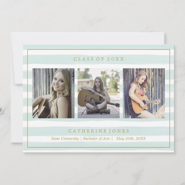 Mint Watercolor Stripes Photo Graduation Announcement (Front)