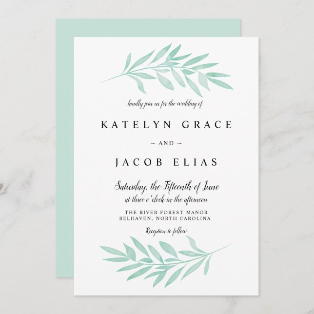 Mint Watercolor Wedding Invitation (Front/Back)