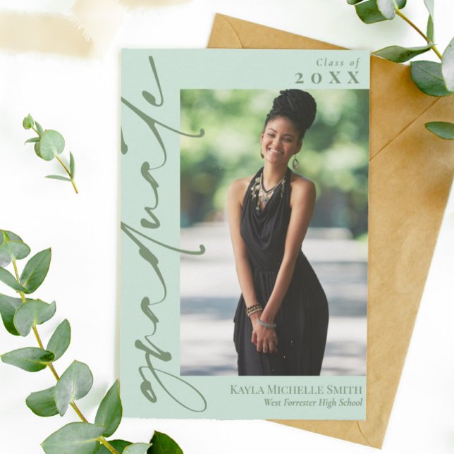Mint & Watercress Calligraphy Photo Graduation Invitation (Creator Uploaded)