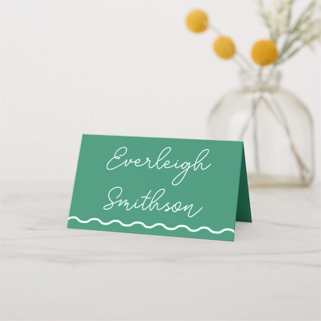 Mint Wavy Retro Wedding Place Card (Front)